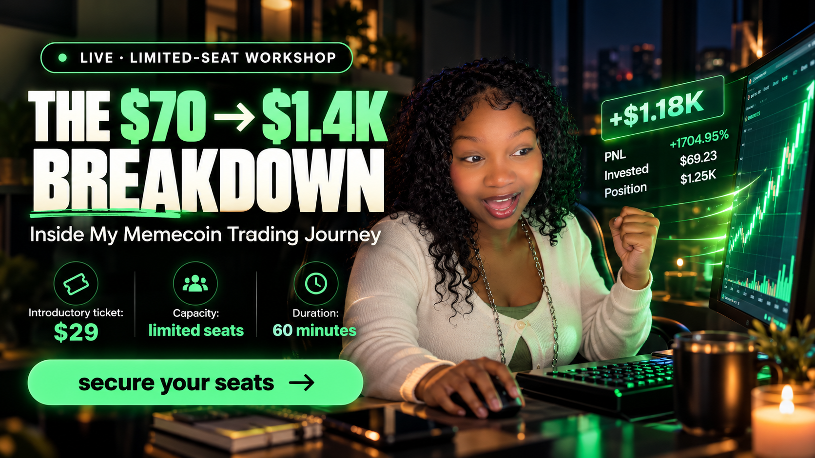 Lyric Lightbourn smiling at her trading desk